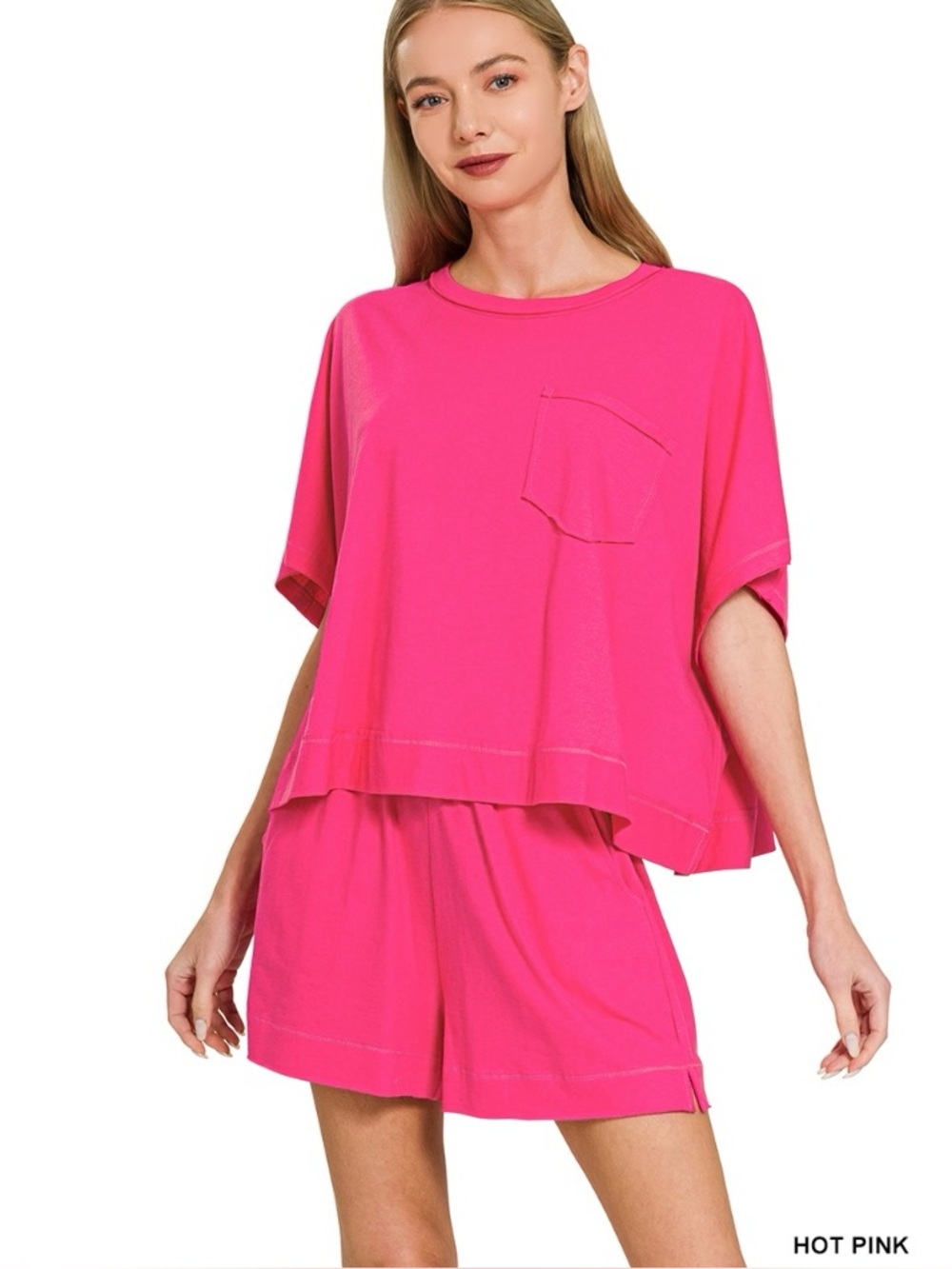 Zenana EXPOSED SEAM Pink Super Comfy BOXY TOP & SHORTS SET